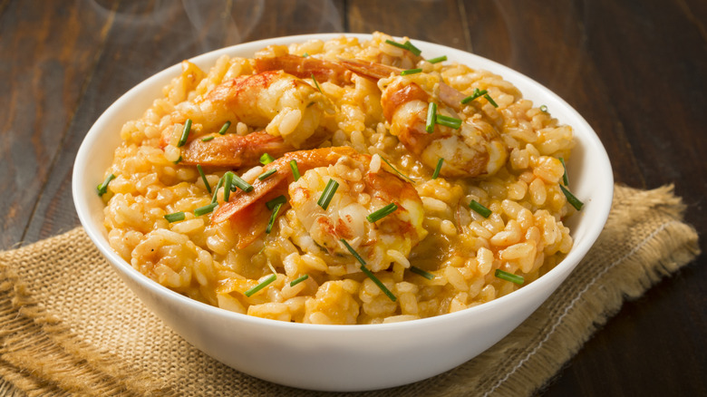 bowl of risotto with shrimp and herbs