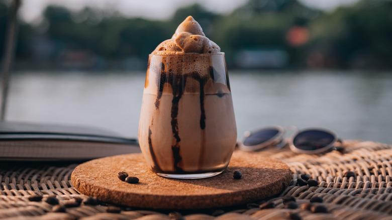 iced chocolate drink with chocolatey topping