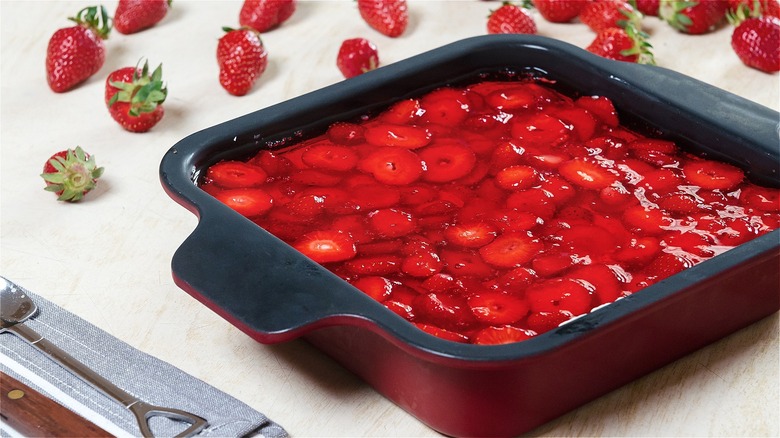 Pan of strawberry pretzel salad 