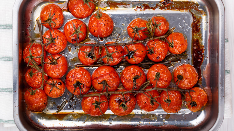 Cherry tomatoes on baking sheet