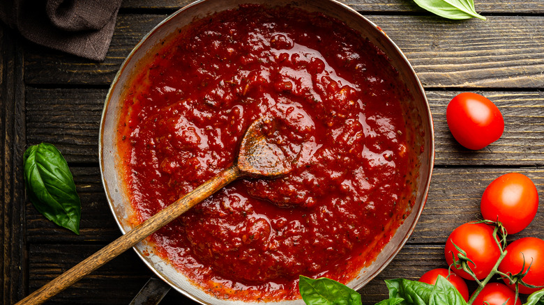 red pasta sauce in pan