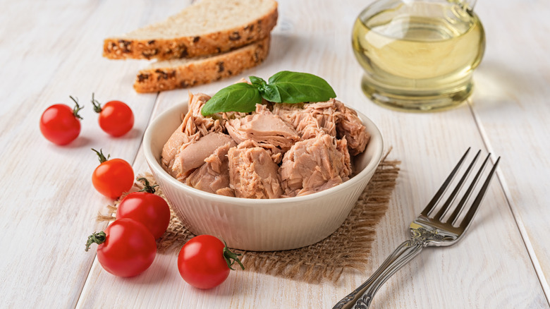 chunks of canned tuna in dish