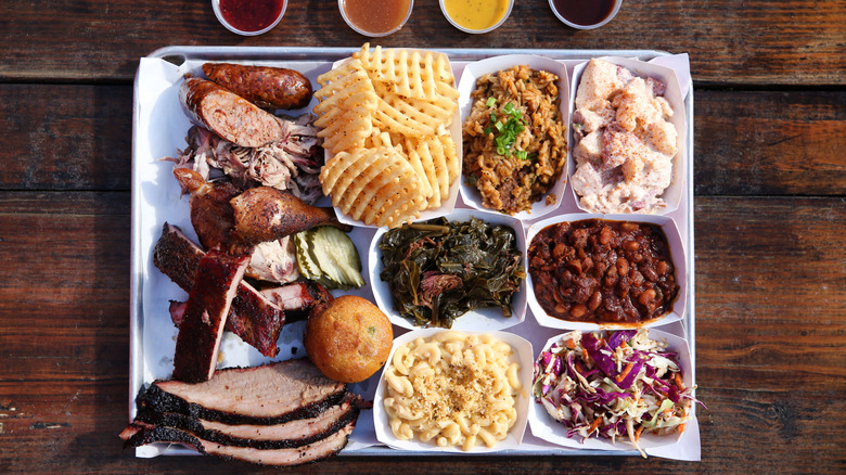 platter of various BBQ foods