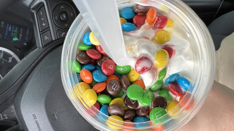 An overhead view of an M&Ms McFlurry