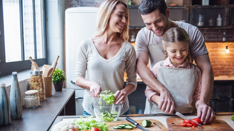 family making salad