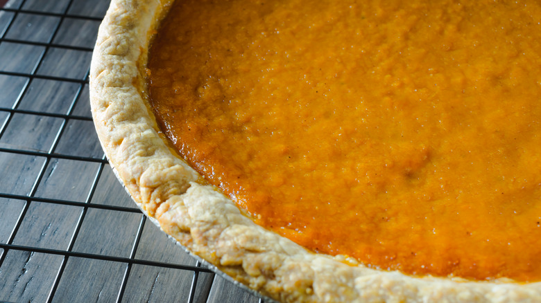 Closeup of sweet potato pie at an angle