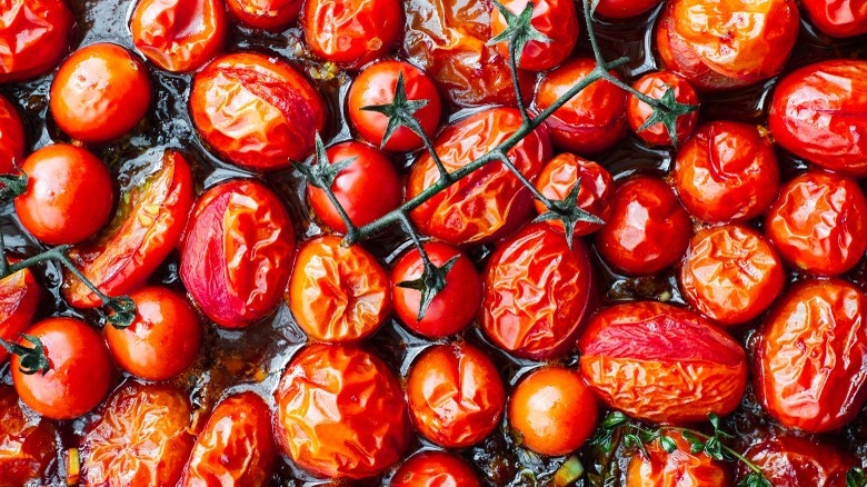 roasted tomatoes on baking tray