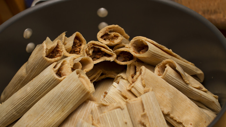 Tamales in a steaming pot