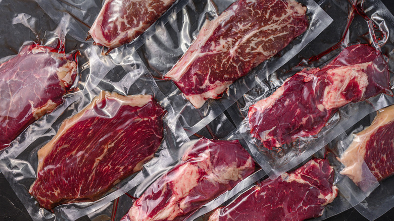 steaks in plastic packaging