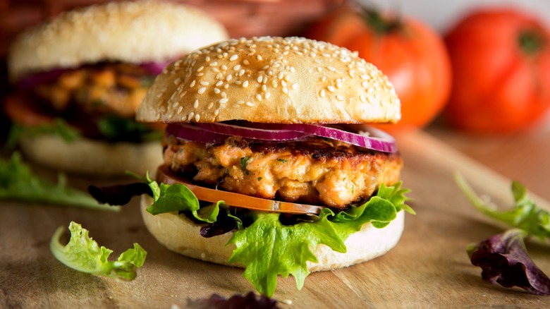 salmon burger on bun