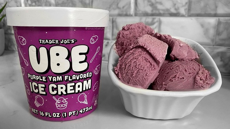 ube ice cream in a bowl with mint