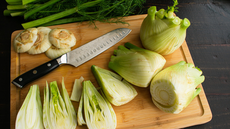 Fennel on a wooden cutting board.