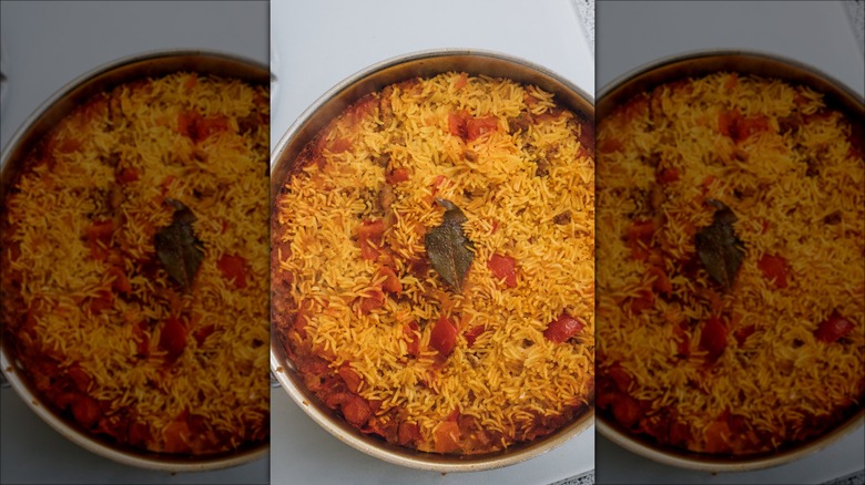 Vegetarian paella with bay leaves