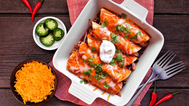 enchilada bake with jalapeno and cheddar sides