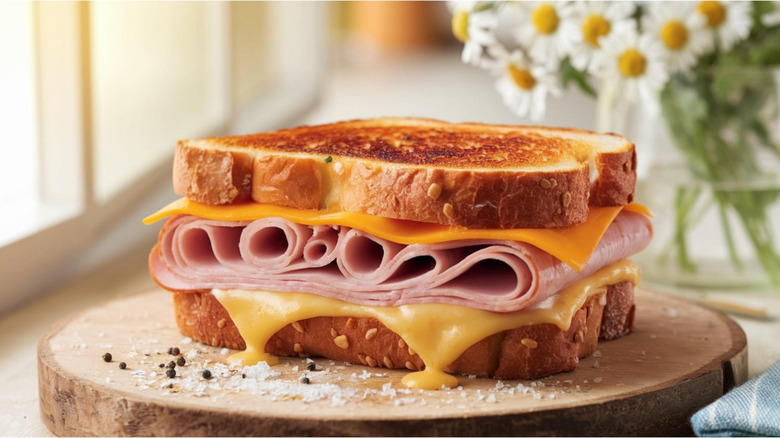 A toasted ham and cheese sandwich.