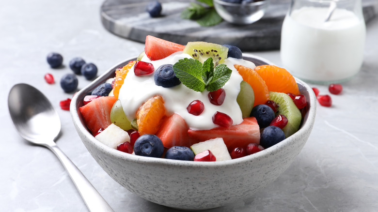 fruit salad with yogurt, mint