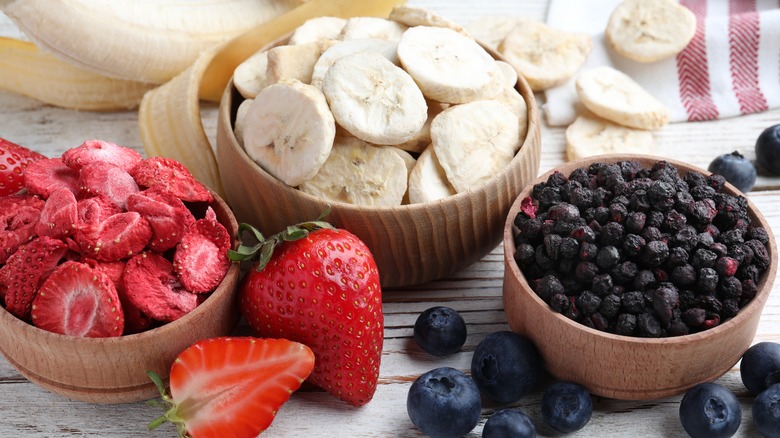 freeze-dried and fresh strawberries, blueberries, and bananas