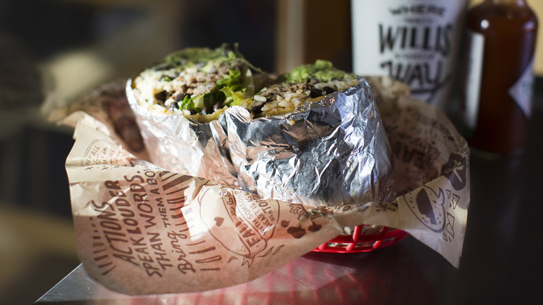 Chipotle burrito split in half