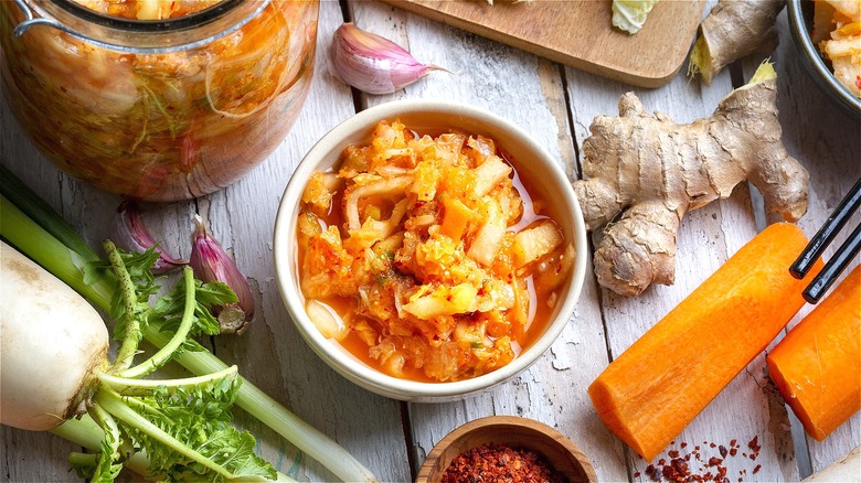 Homemade kimchi with fresh produce 