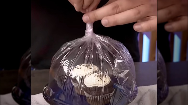 Cupcakes inside plastic wrap bubble