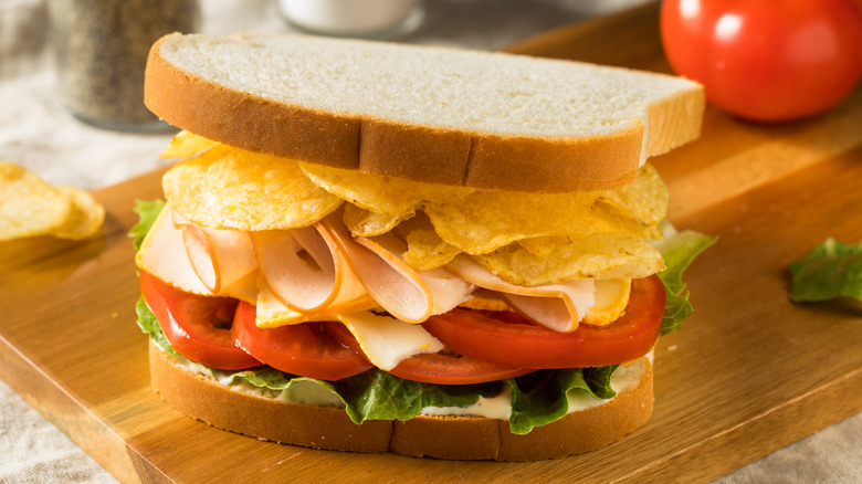 Turkey salad and potato chip sandwich