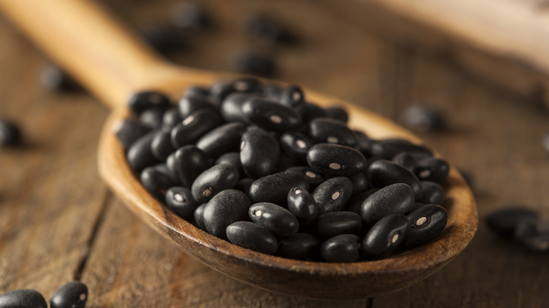 Dry black beans in a wooden spoon