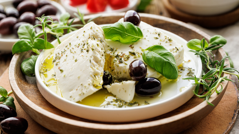 Feta and olives drizzled with oil