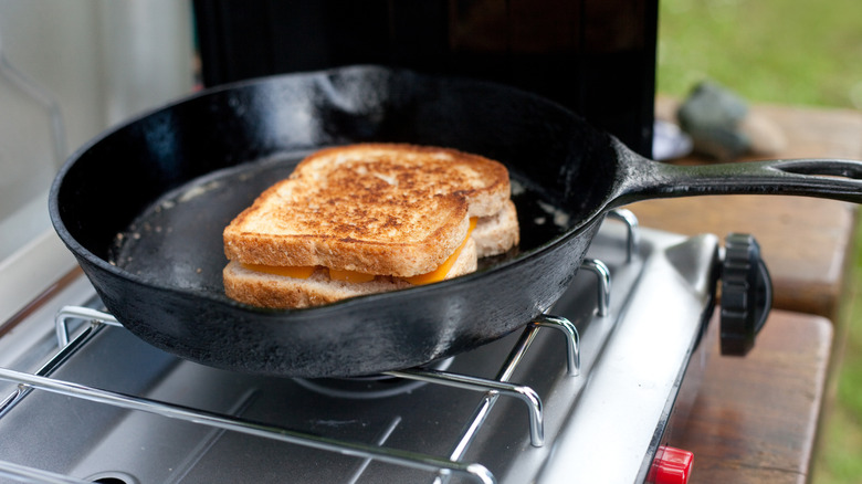 grilled cheese sandwich in pan