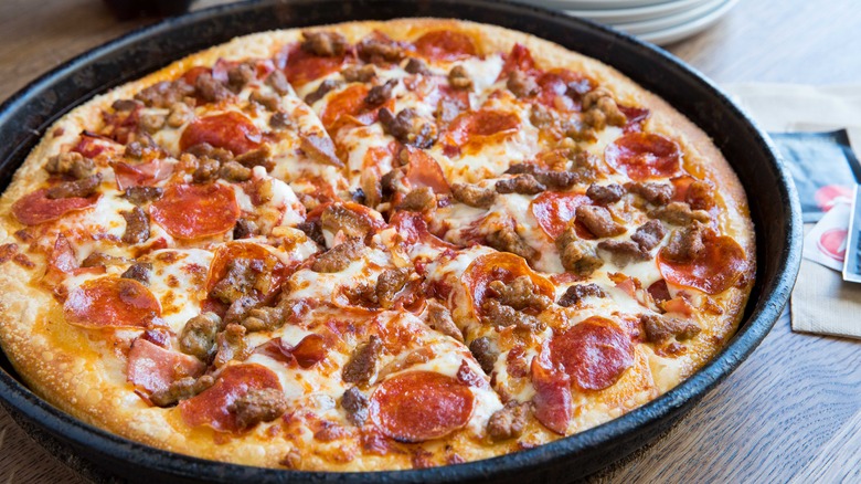 Pizza Hut Meat Lover's pizza in pan