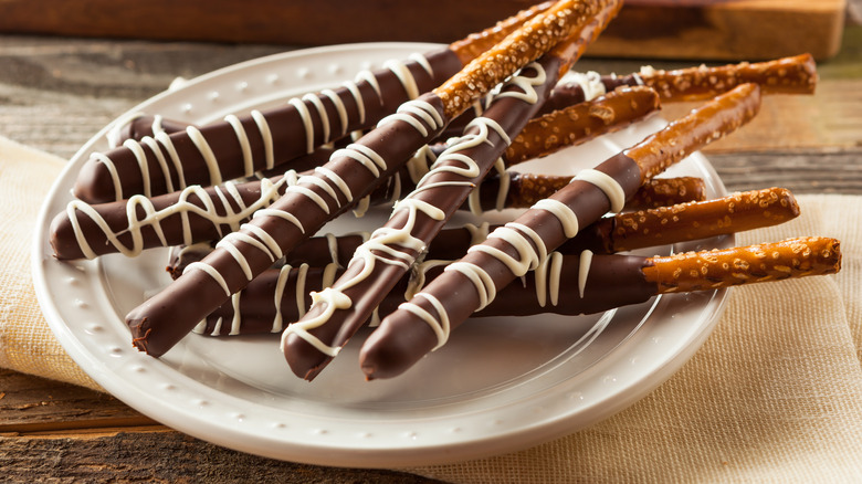 Pretzel rods coated in chocolate