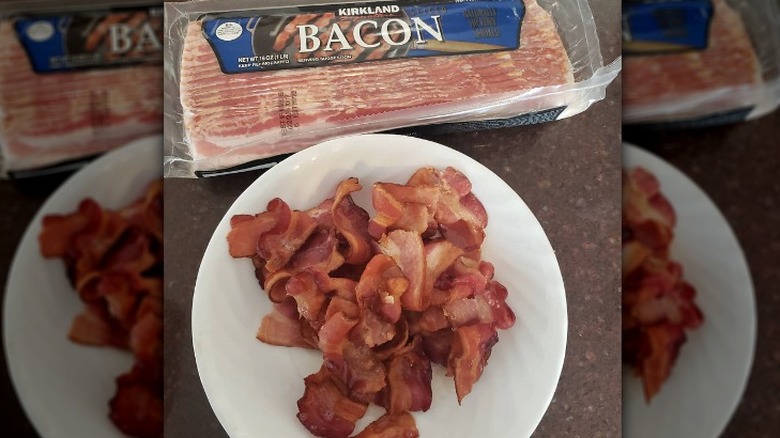 Kirkland bacon on a white plate