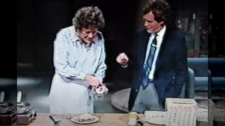 Julia Child adding Swiss cheese to beef tartare on Letterman