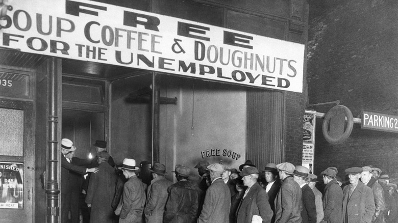 Unemployed men lining up for coffee during Great Depression