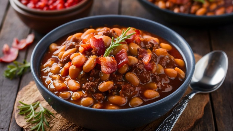 Baked beans, bacon and garnish