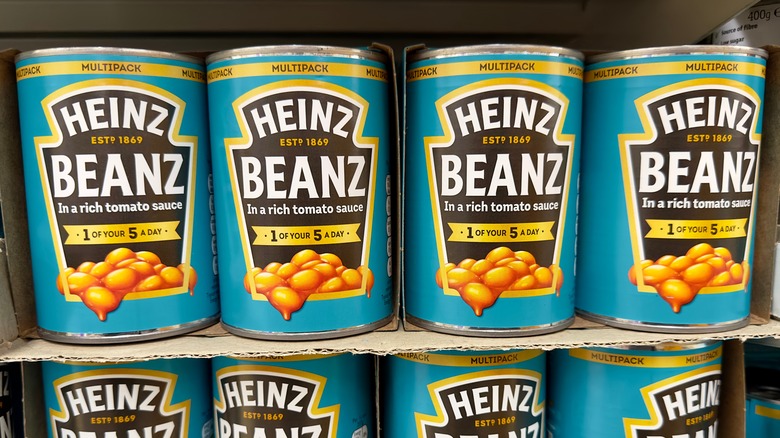 Heinz canned baked beans on shelf