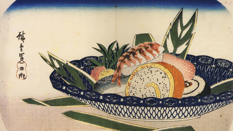 Edo era painting of a bowl of assorted sushi