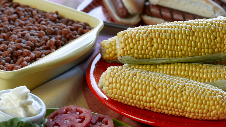 Corn and meat in dishes