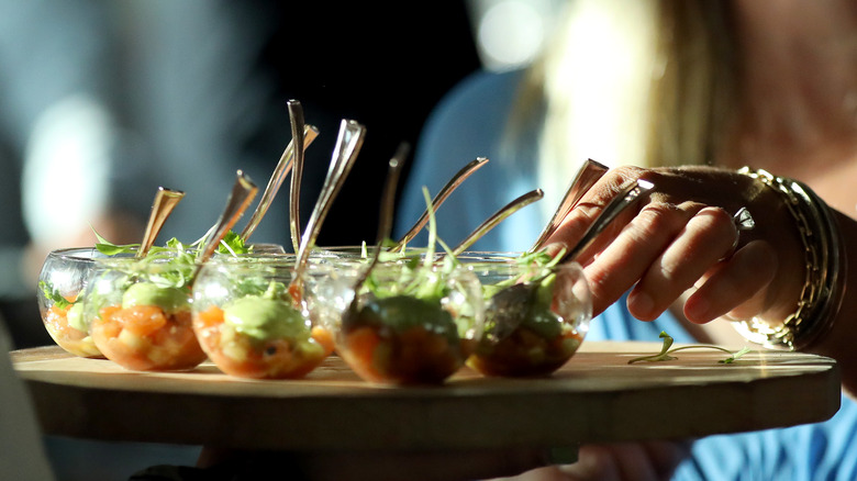 hors d'oeuvre bowls on a tray