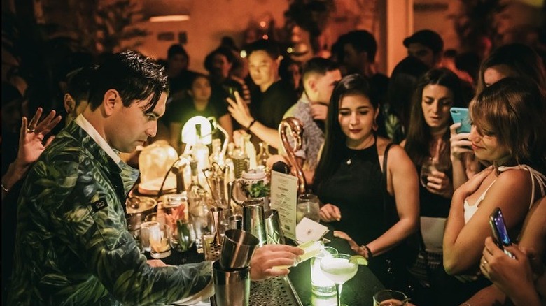 Bartender pours drink at Alquímico