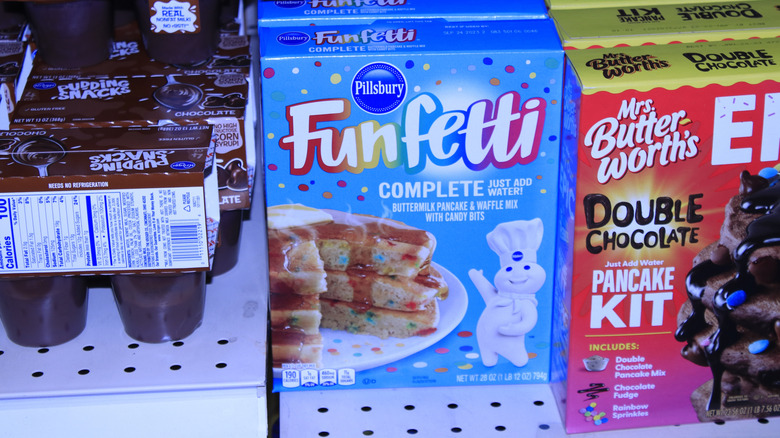 Box of Pillsbury Funfetti Pancake Mix on a store shelf