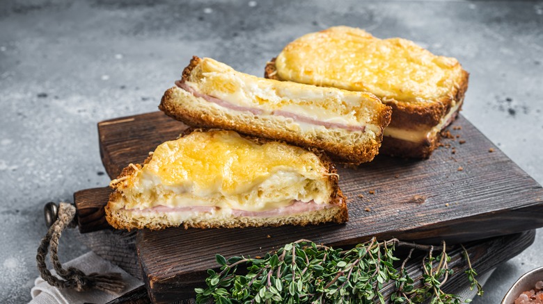 Croque Monsieur sandwich on cutting board