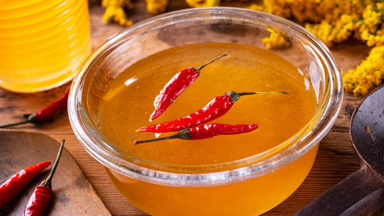 jar of hot honey with peppers