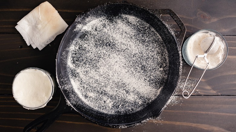 Cast-iron pan dusted in flour