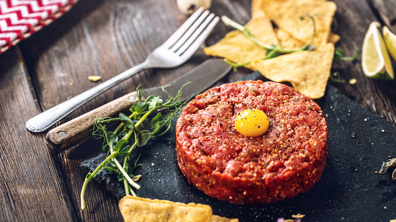 steak tartare with egg yolk