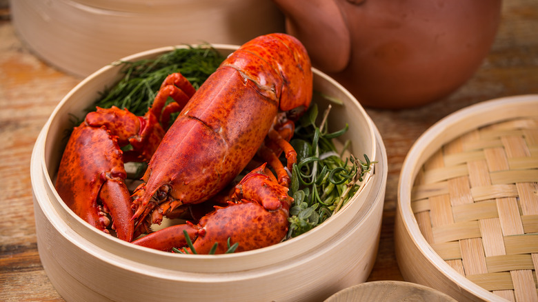 Cooked lobster in a steamer basket