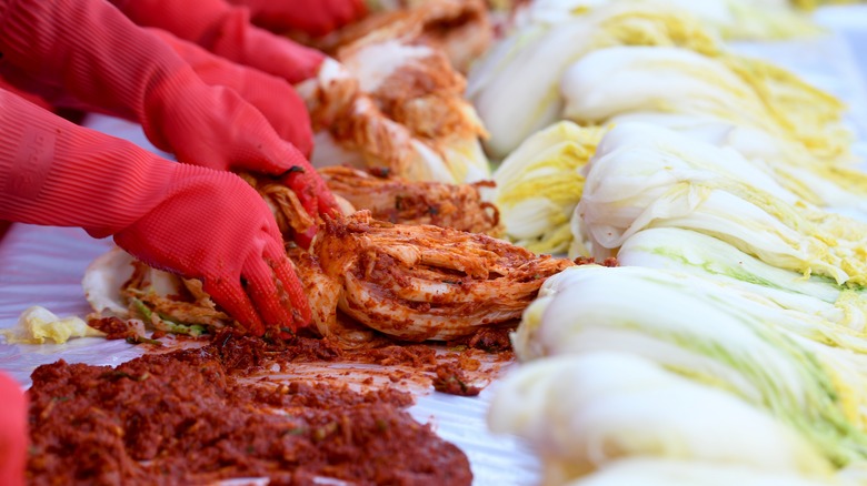 Hands making traditional kimchi