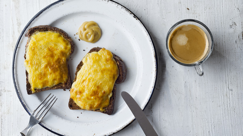 Welsh rarebit on white plate