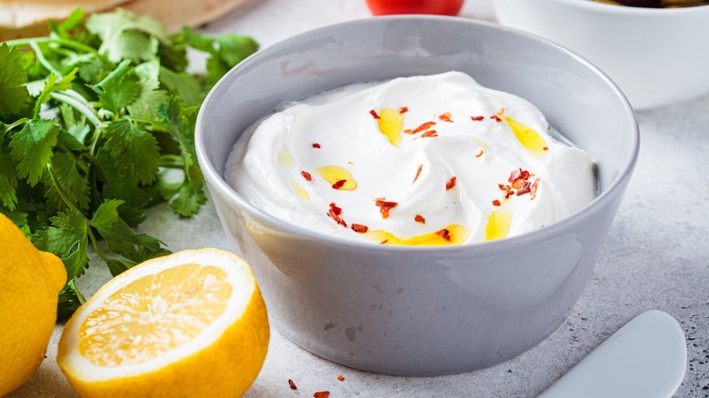 Homemade whipped feta in bowl