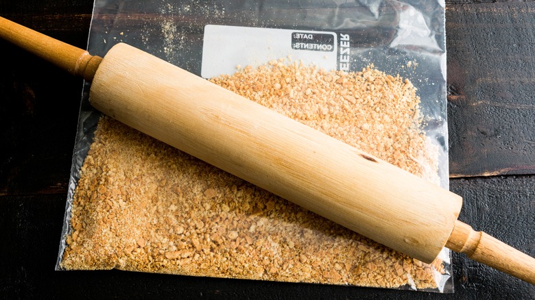 Cereal in freezer bag and rolling pin