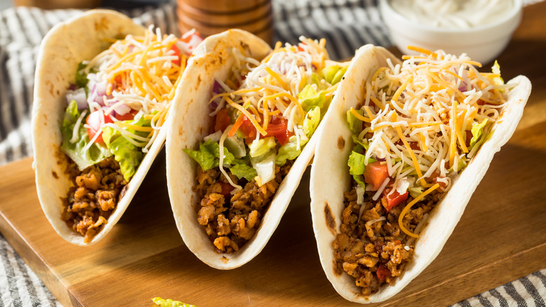 Ground beef tacos in flour tortillas